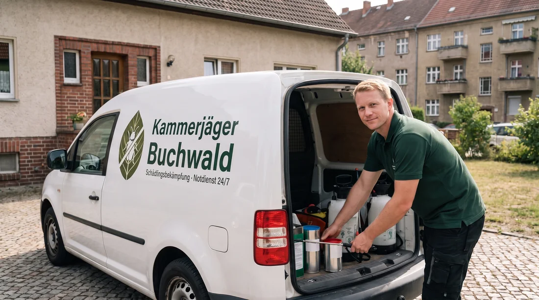 Thomas Buchwald belädt den Einsatzwagen von Kammerjäger Buchwald vor einem Wohnhaus